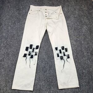 Levis 501 Jeans Mens 32x30 White Denim Button Fly Straight Leg Distressed Patch